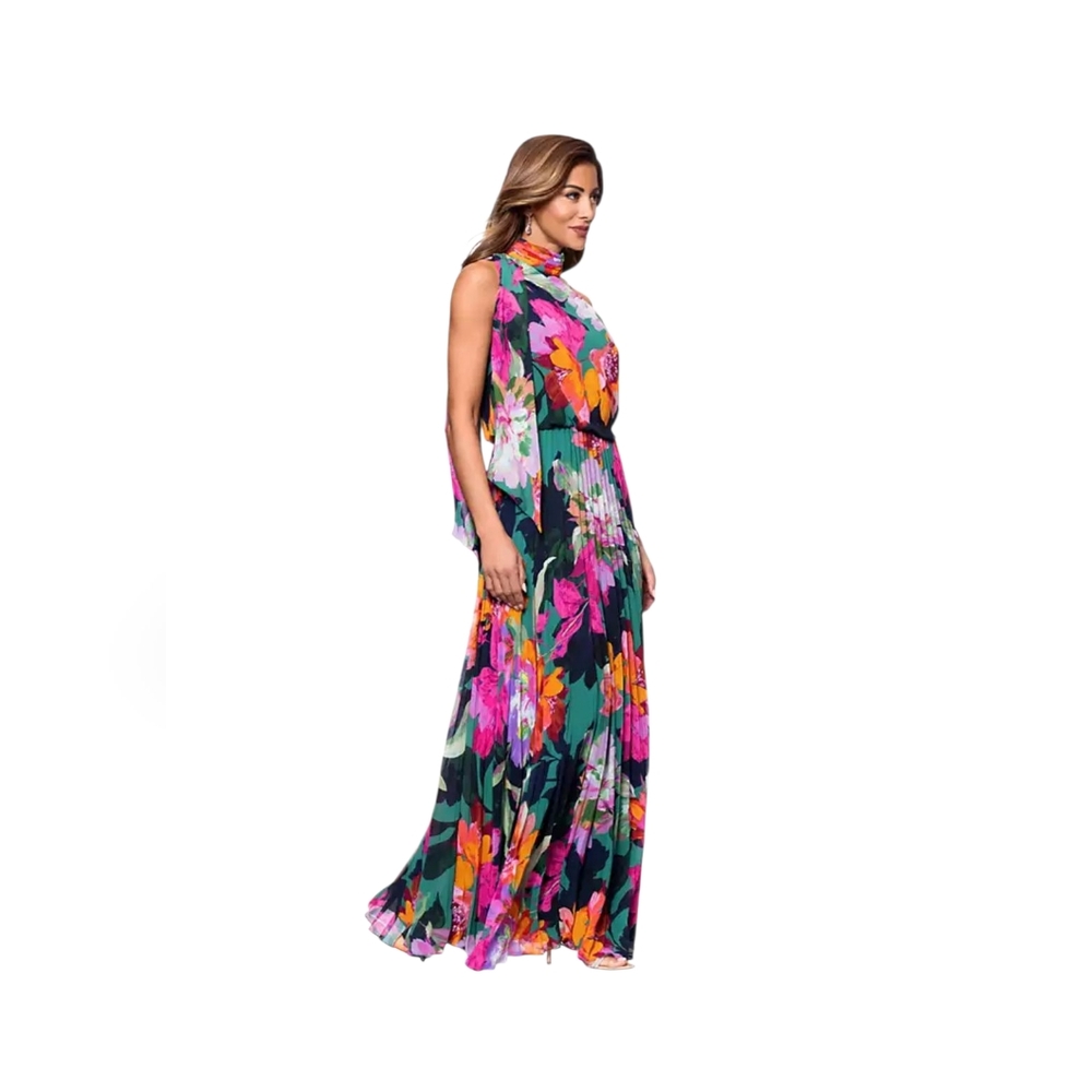 Xscape Pleated Floral Print Halter Neck Scarf Sleeveless Blouson Maxi Dress